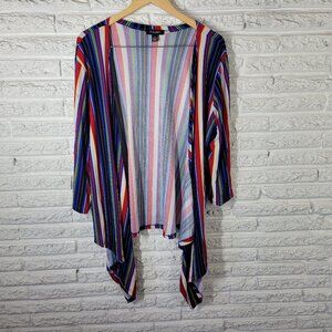 Rouge Women's 2X Open Cardigan Top Red Blue Striped Front Tie 3/4 Sleeve STR128E